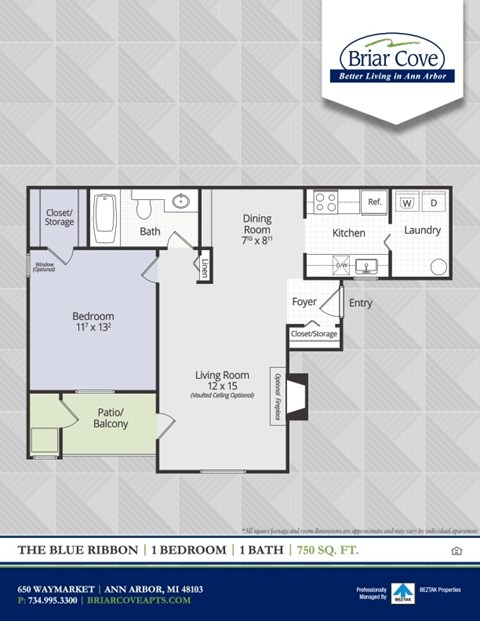 A floor plan for a 1 bedroom 1 bath apartment at Briar Cove.